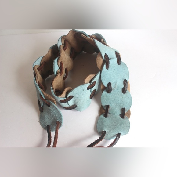 Vintage Wide Tan and Blue Suede Leather Tie Belt with Long Fringe Reversible S M - Picture 7 of 9